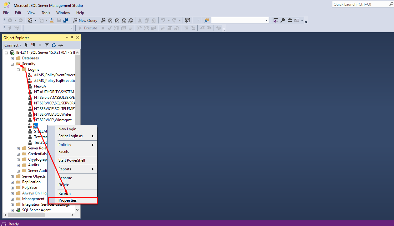 expand Security Logins right click sa and select Properties for enabling SA account